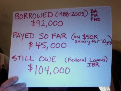 I went to three in-state colleges and worked multiple jobs to pay for my three degrees (BA, MA and PhD) because my family could not afford to send me to college. I was fortunate and got a job as an assistant professor at a prestigious state college immediately upon graduation in 2005. My starting salary was $41,000 (now $52,000). I &#8220;did everything right&#8221; according to all of my undergraduate and graduate advisors. I consolidated my loans with the Direct Loan/IBR program and have payed $500/mo since 2001, even while I was in school. I have never missed a payment in ten years, at times working 3-4 jobs to keep up with payments (on top of school). Because my salary is so low and state payrolls are being cut, my payments are low and have never been enough to cover the accrued interest each month (my rate is 6%). After ten years of payments, plus accrued interest, my principal is now $104,000 - over 10,000 more than I borrowed, despite nearly 45,000 in payments. 
I am enrolled in the IBR program which has lowered my payments so that I can meet my loan payments and living expenses. I am in my 40s, gainfully employed while serving my community, and I am scraping by. I can not buy a house, I drive a ten year old car with 150,000 miles, and still have to decide whether I can afford to go to a movie from time to time.