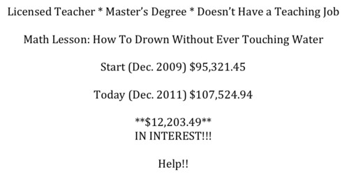 My debt feels like an elephant, carrying sticks of lit dynamite, super glued to my shoulders. I carry it with me all day, every day, feel the weight of it in my daily choices, always afraid of how it’s going to further impact my life.  Student loan forgiveness would change my life in ways I don’t even dare dream about, for the temptation of a student-debt free life makes me want to cry.  I don’t want things for free- I am responsible and want to pay for my own education.  But the sheer size of my debt and it’s rapid accumulation is mind boggling.  I chose to obtain a degree in a field I feel is one of the most noble- education.  But I can’t get a job as a teacher- there are so few jobs in Oregon it’s beyond depressing.  Instead, I’m underemployed, working for an hourly wage with a Master’s degree. I did everything I was told to, everything I was supposed to do.  I got good grades, went to college, did well, worked hard, and even went back to get a specialty degree in an area I have intense passion for. I’m not asking for favors.  I’m asking to have the opportunity to achieve what generations before me where able to achieve after college- a steady job, enough money to own a good car, a home, and provide a quality life for myself and my future family.  At nearly 28 years of age (and having worked since 14) I feel I should have those opportunities.  
My student debt when I left my Master’s program in December 2009 was just over $95,000.  Two years later, as of December 2011 it is $107,524.94.  Interest raised my total debt by over $6000 a year.  Right now I make $21,000 a year before taxes (full time, no benefits). I have no choice but to sign up for Income Based Repayment which, though alleviating the monthly bill, does nothing to stop the rapid rise of my total debt.  To say I feel helpless, depressed, and hopeless would be understating it dramatically.  If I put dollar signs on the tears, sleepless nights, and hours of worry and anxiety I’ve experienced in the last 6 years I’d have my student debt back about 10x over.
This country has a nation full of eager, smart, and engaged young people waiting anxiously to give all they have.  Don’t ruin our lives before they even start.  Help us. Please.  
Megan Boyeas
Portland, OR